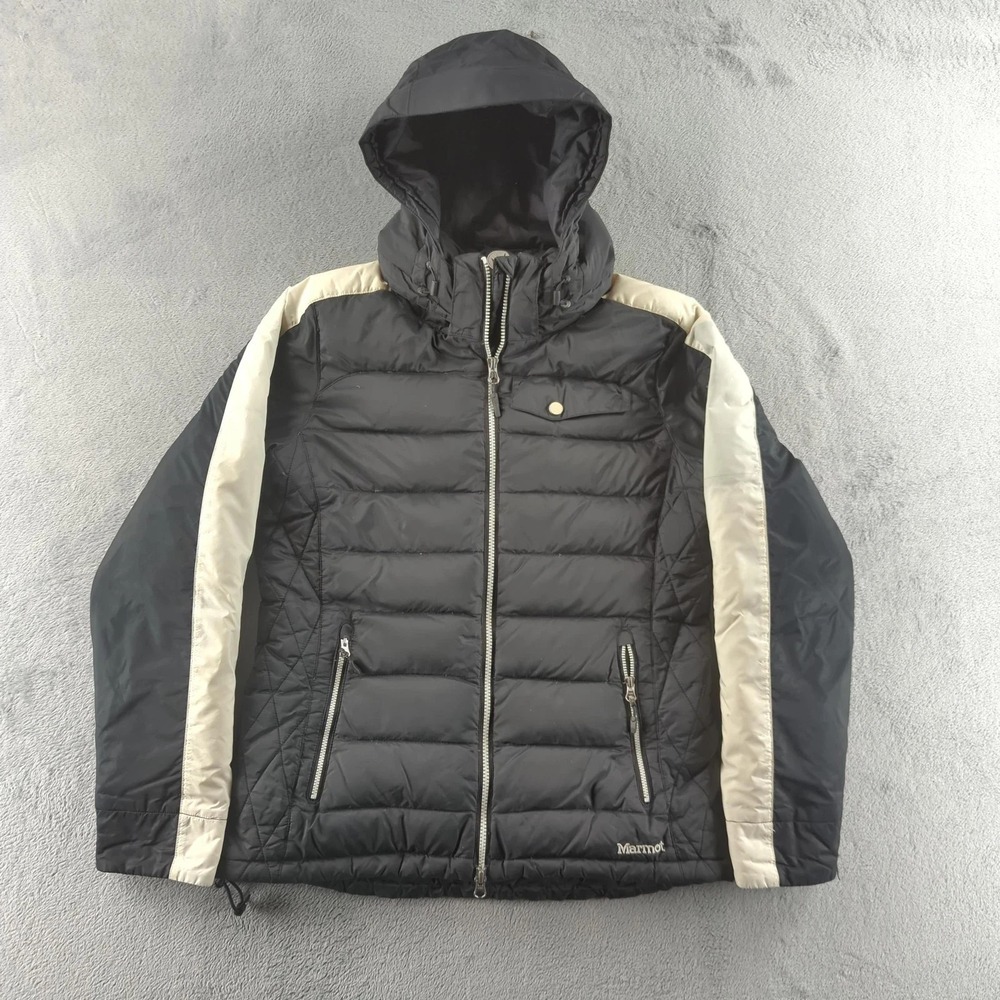 Marmot Jacket Womens Medium Black 650 Fill Down Puffer Hooded Striped Sleeve Zip